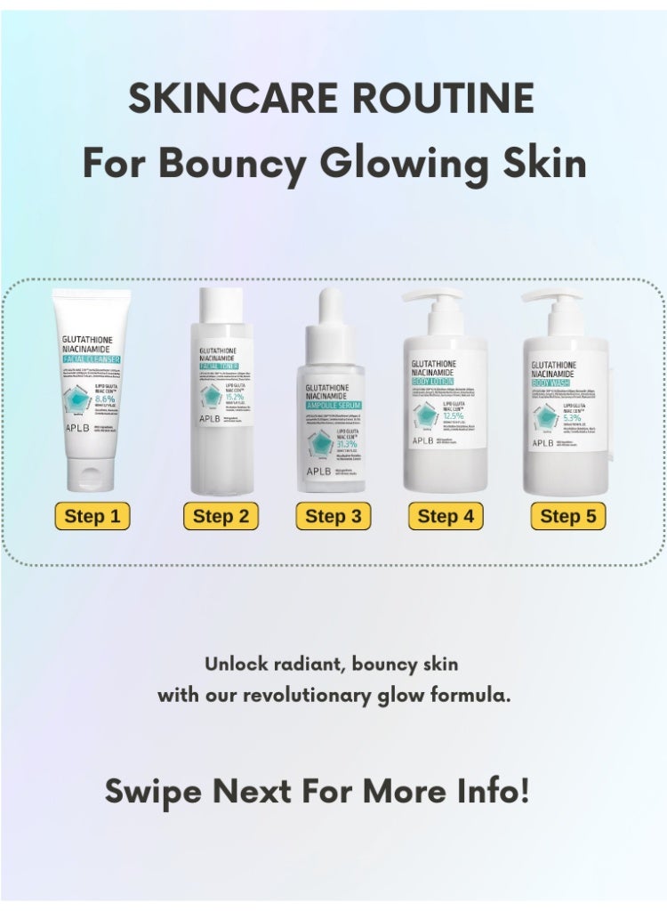 ايه بي ال بي علاج البقع الداكنة وتفتيح البشرة – مجموعة APLB بالجلوتاثيون والنياسيناميد للوجه والجسم | غسول، تونر، سيروم، غسول جسم ولوشن - Image 3